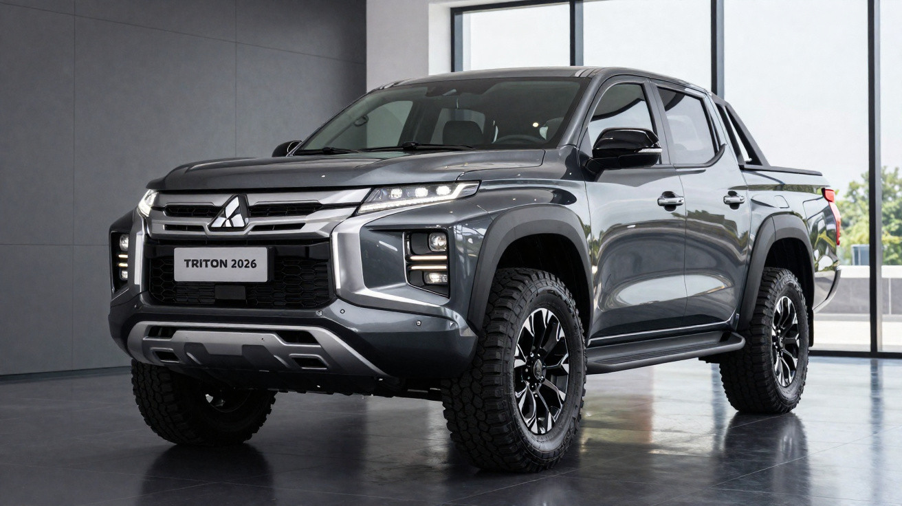 Picape Mitsubishi Triton 2026 cinza em ambiente interno moderno, vista frontal 3/4.