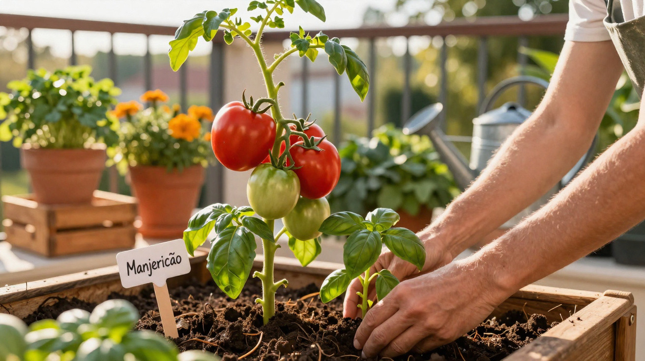 Pessoa cuidando de planta com tomates maduros e verdes em vaso de madeira rotulado como manjericão.