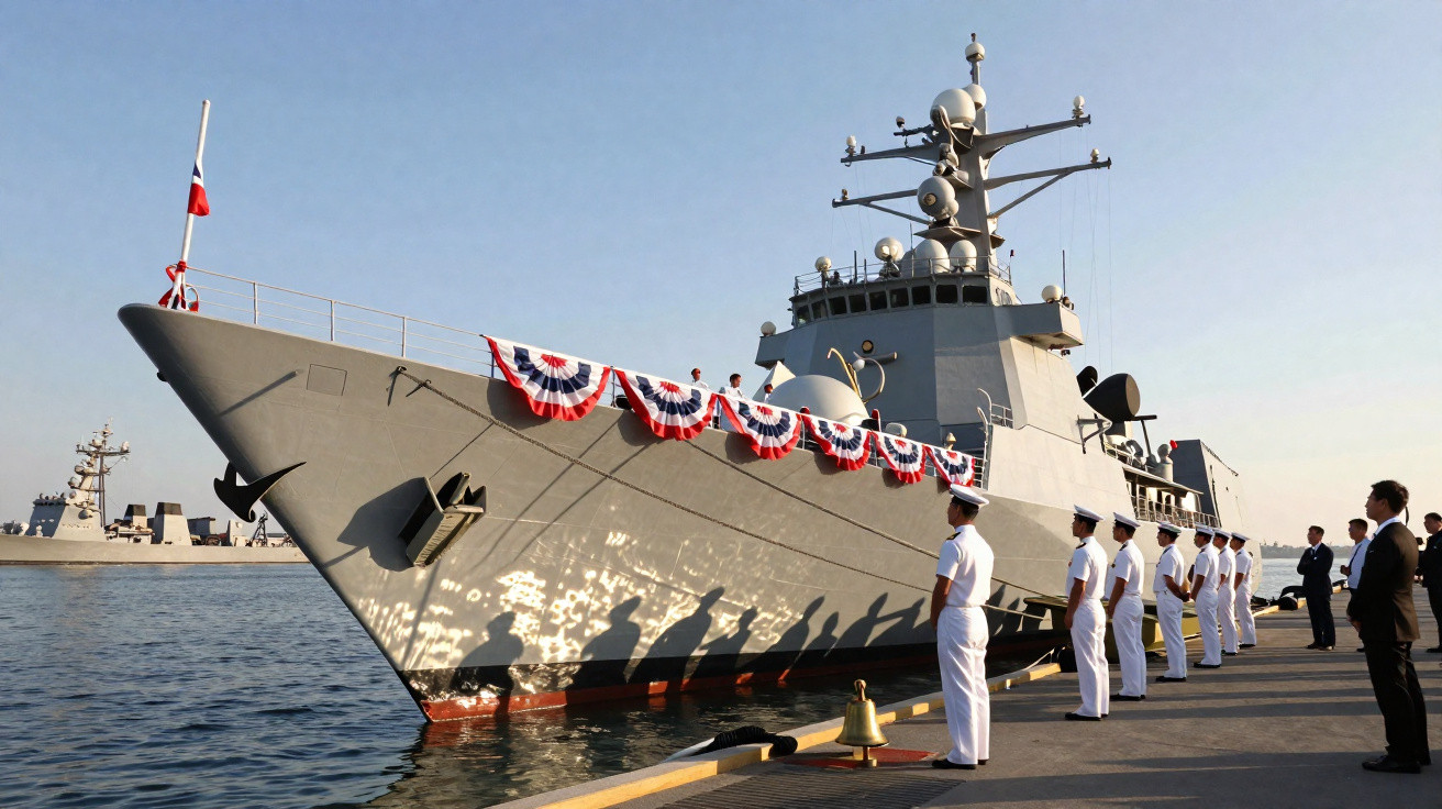 Navio de guerra cinza decorado com bandeirinhas em desfile naval, com marinheiros em uniforme branco alinhados no cais.