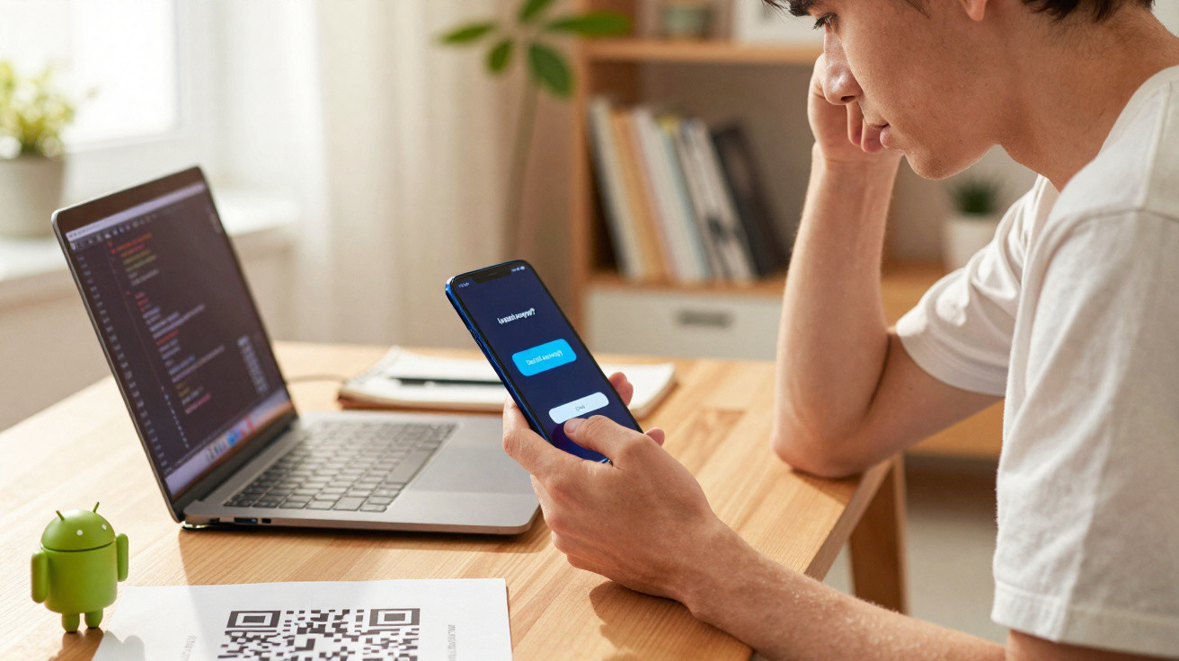 Pessoa usando celular com aplicativo aberto e laptop com código em ambiente de trabalho.