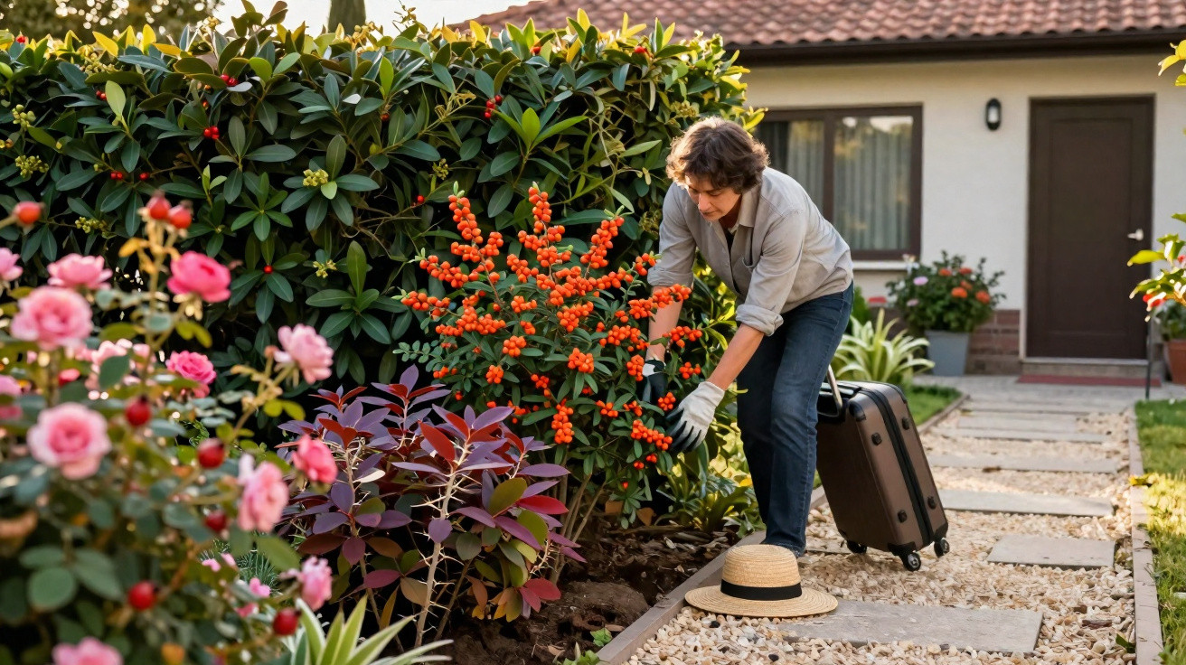 Pessoa cuidando de plantas com frutas vermelhas em jardim de casa, com mala e chapéu ao lado.