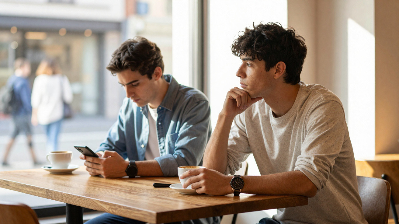 Dois jovens sentados em mesa de cafeteria, um olhando para smartphone e outro pensativo segurando xícara.