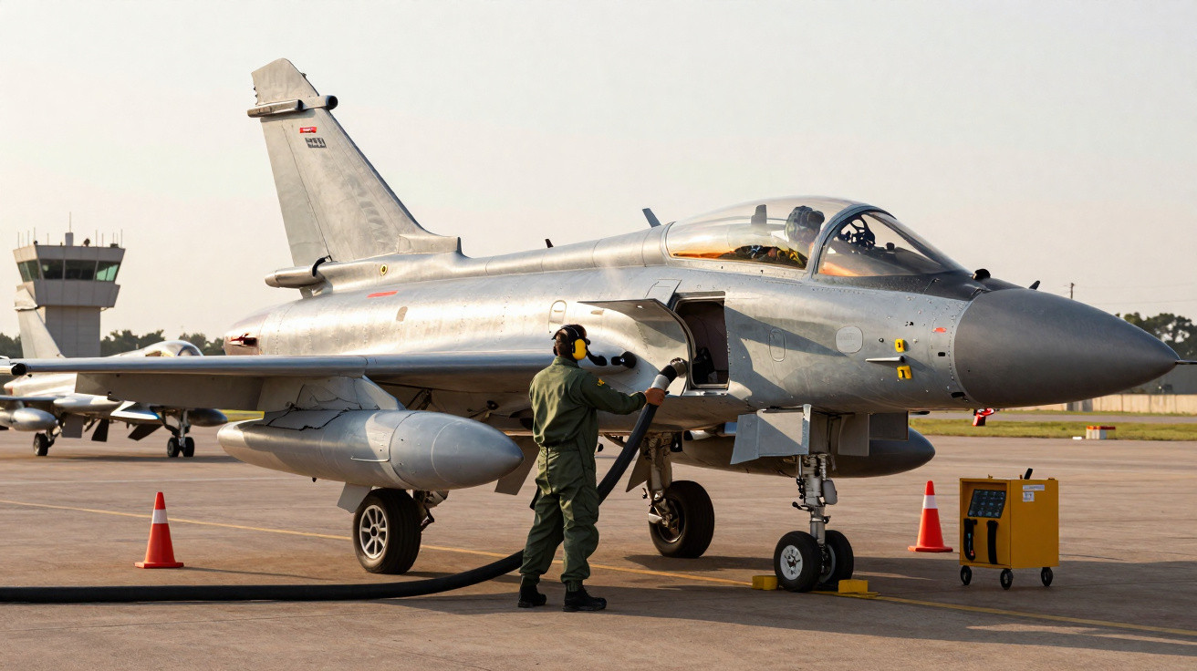 Avião militar sendo reabastecido em pista de aeroporto com torre de controle ao fundo.