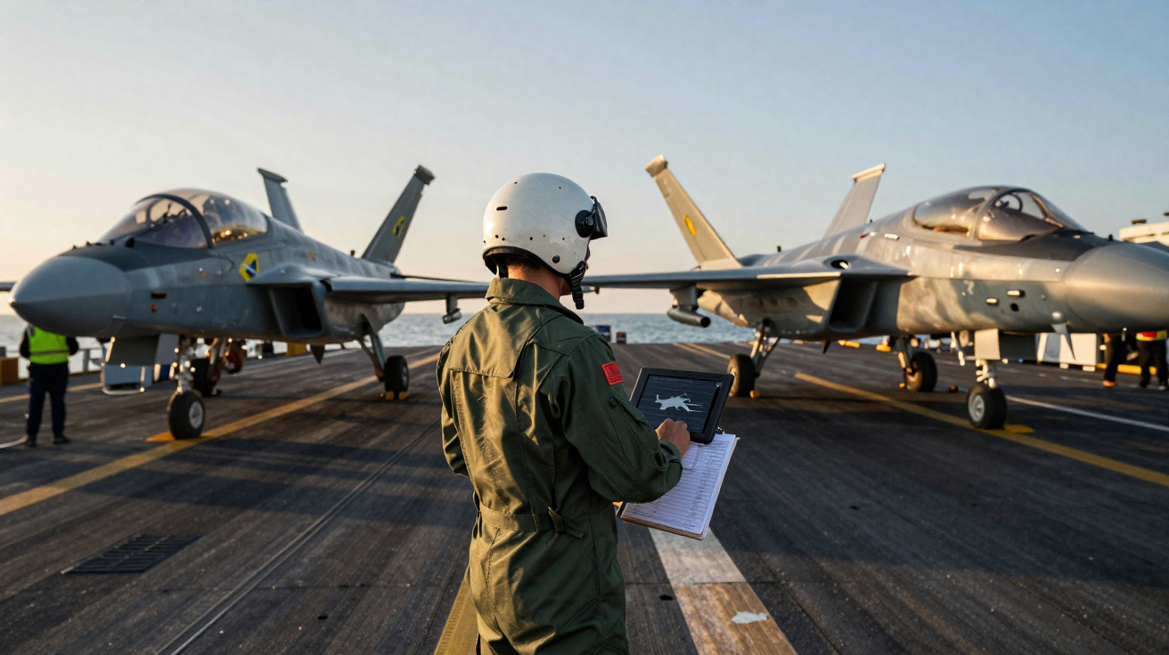 Militar com capacete e uniforme verifica documentos ao lado de dois caças estacionados em porta-aviões.