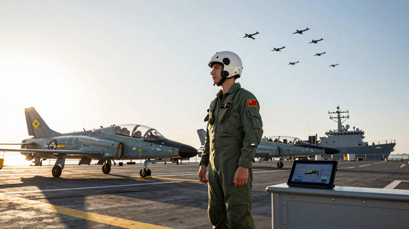 Piloto militar em convés de porta-aviões com aviões estacionados e esquadrilha em formação no céu ao fundo.