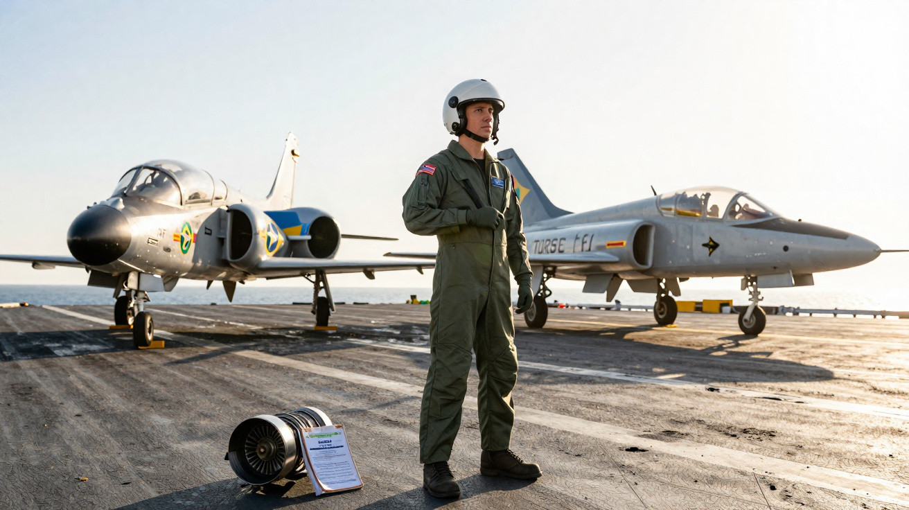 Piloto em traje verde com capacete posa em porta-aviões com dois jatos militares ao fundo e motor exposto no chão.