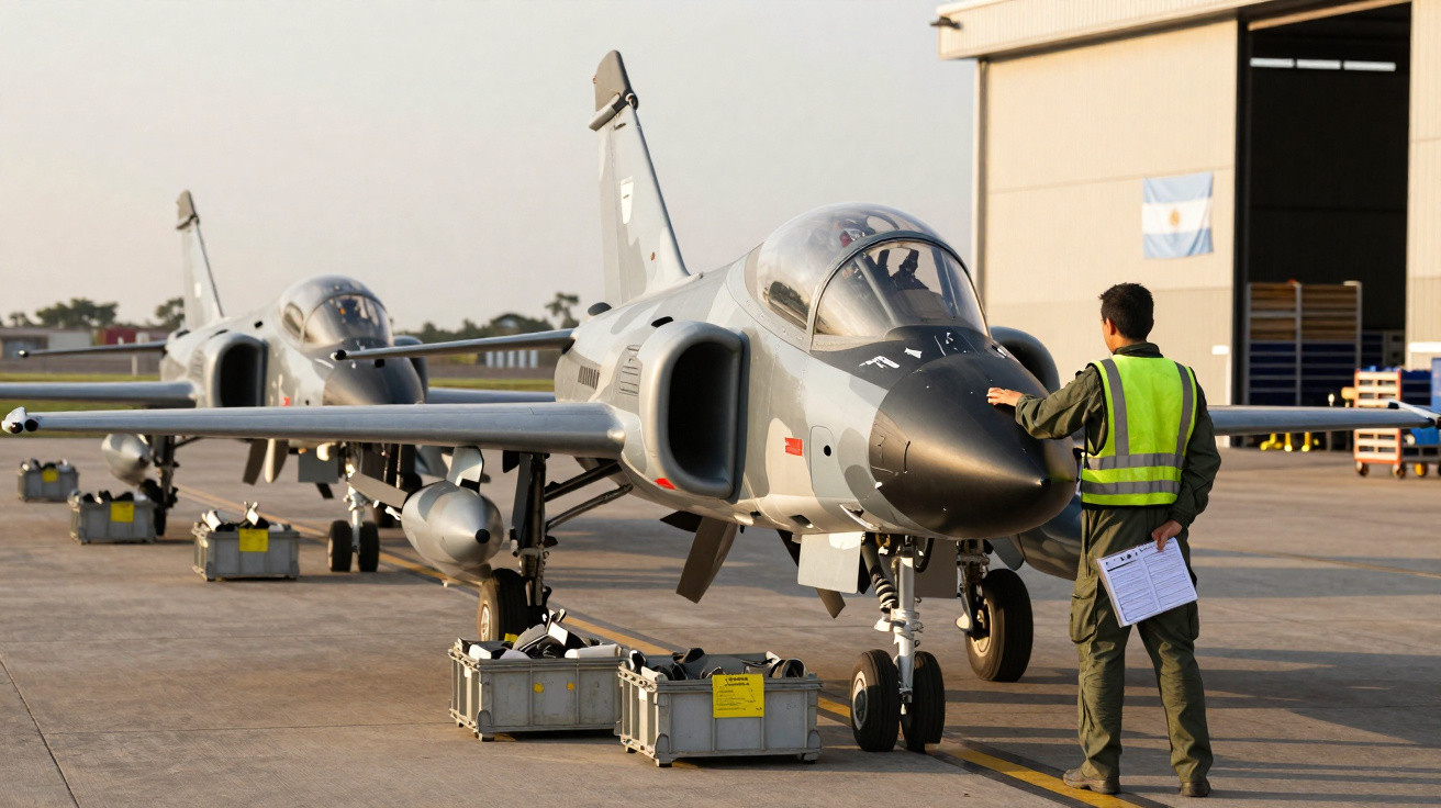 Dois aviões militares estacionados em pista, com um técnico em colete refletivo inspecionando o primeiro avião.