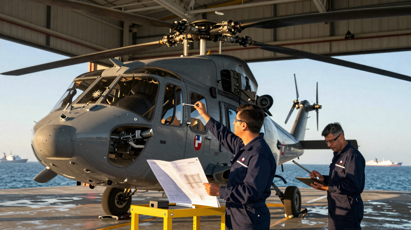 Dois técnicos inspecionam helicóptero cinza em hangar próximo ao mar durante o dia.