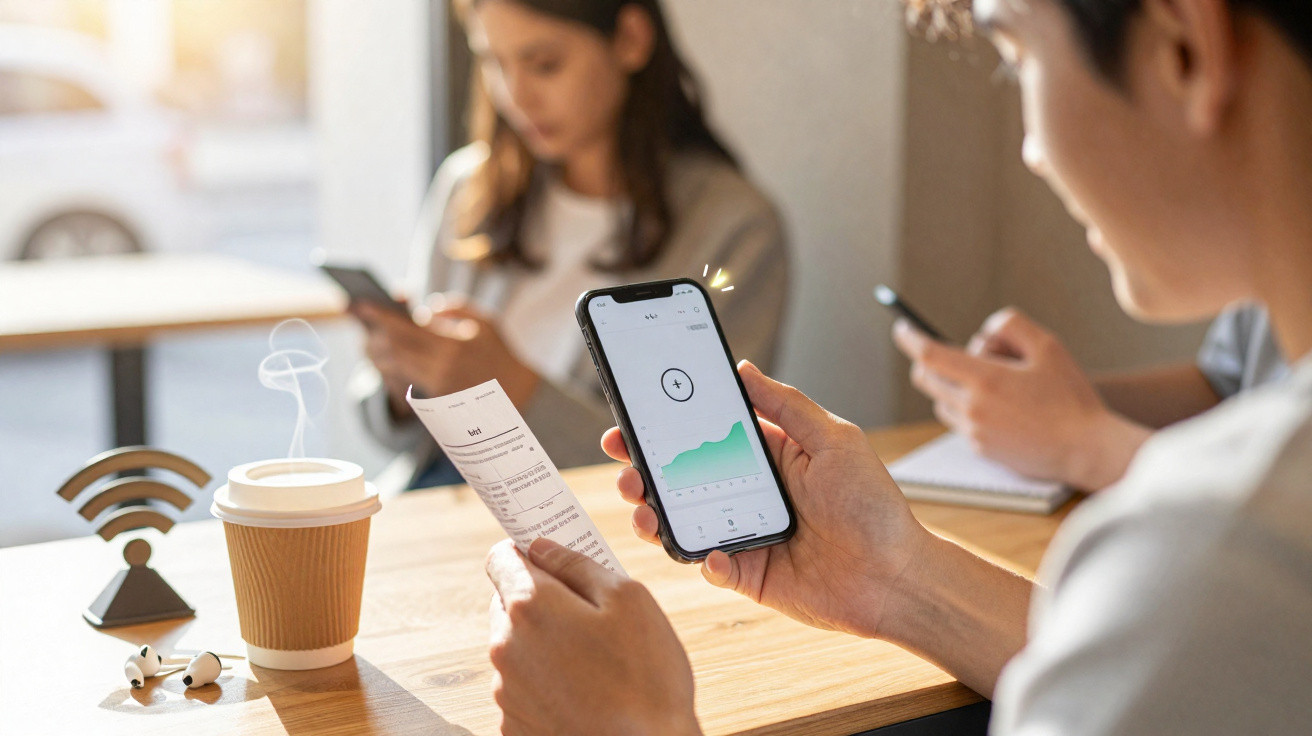 Pessoa segurando telefone com gráfico e nota fiscal, outras pessoas usando celular em mesa de café.