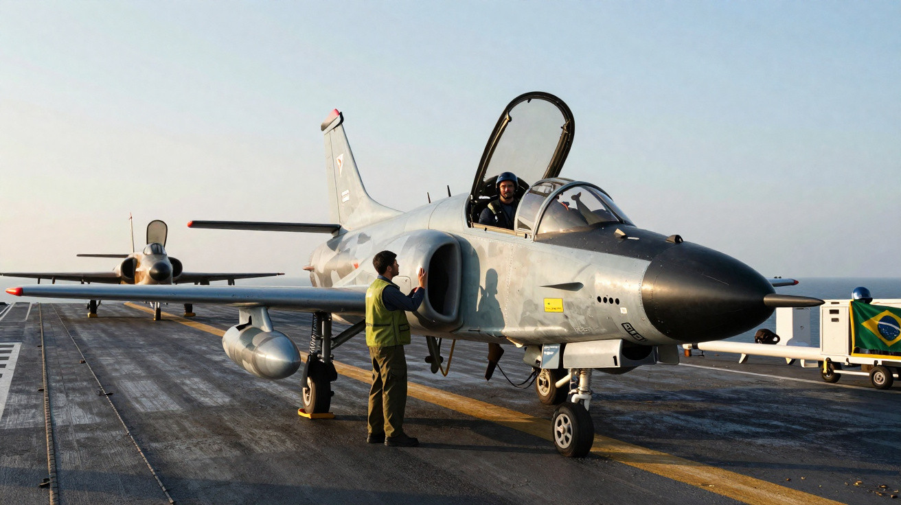 Caça A-4 Skyhawk estacionado em convés de porta-aviões com piloto e técnico em comunicação.