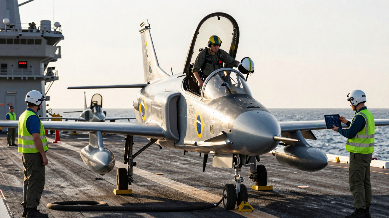 Caça da Força Aérea Brasileira com piloto e equipe em convoo de porta-aviões no mar.