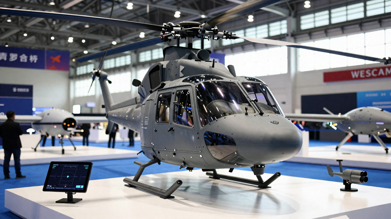Helicóptero militar cinza exibido em exposição com drones e painel digital ao lado.