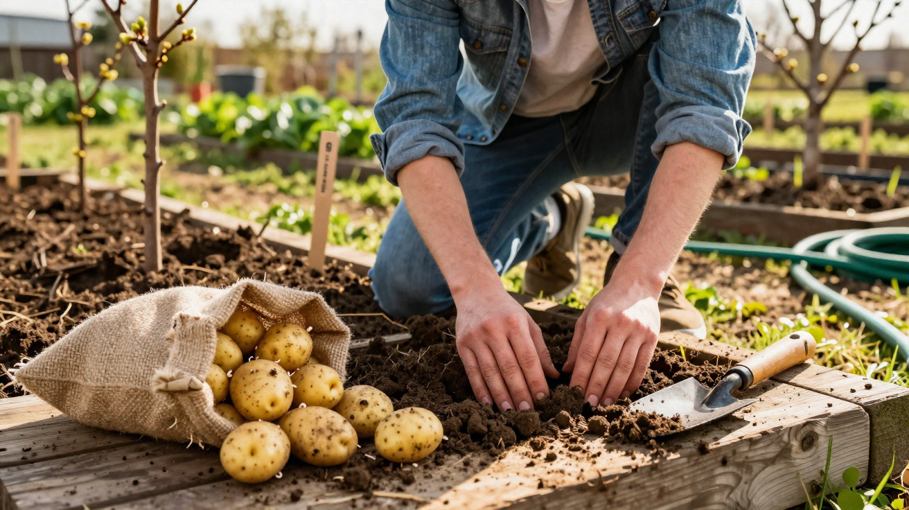 Pessoa plantando batatas em canteiro de madeira em horta com terra e sacola cheia de batatas ao lado.