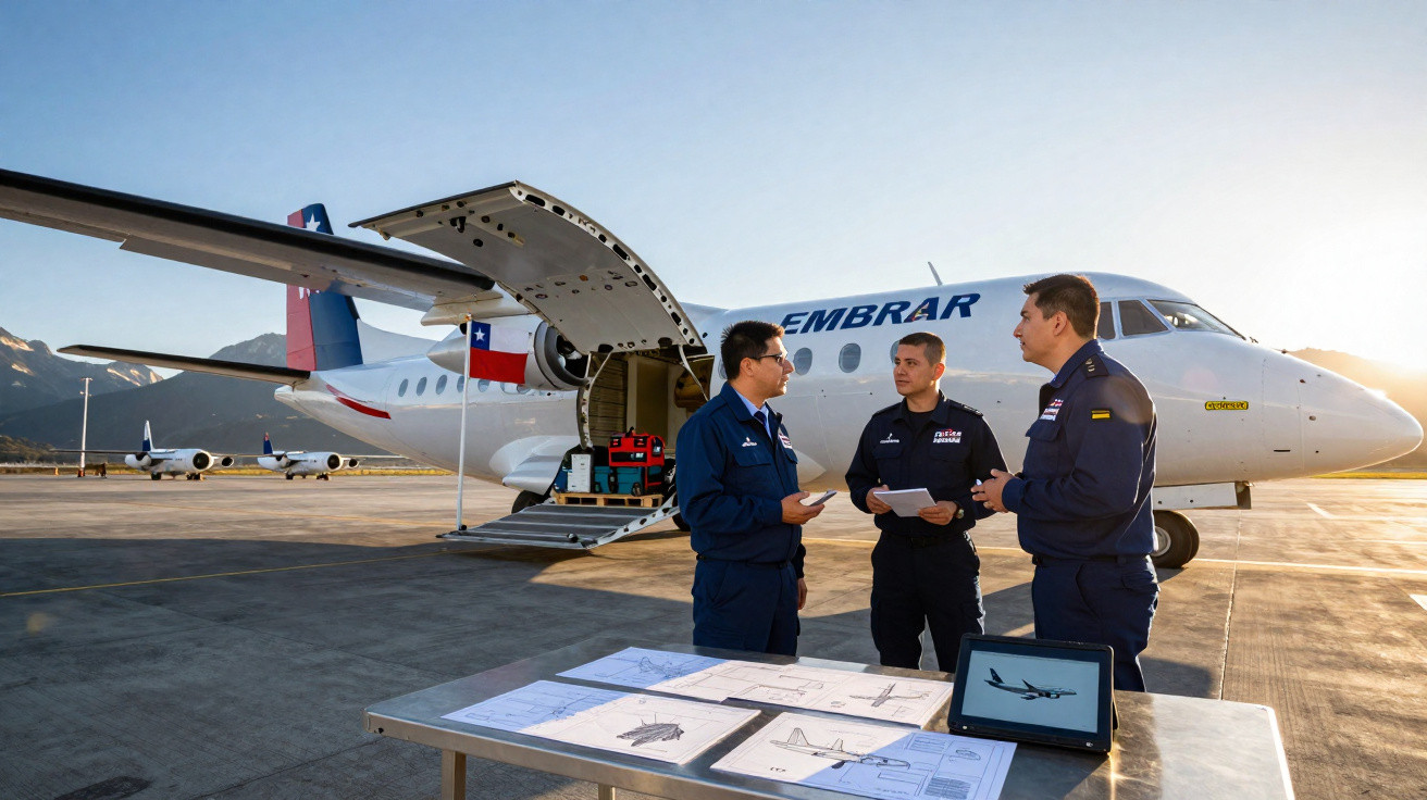 Três homens em uniforme conversam em frente a avião Embraer com mesa e plantas no aeroporto ao pôr do sol.