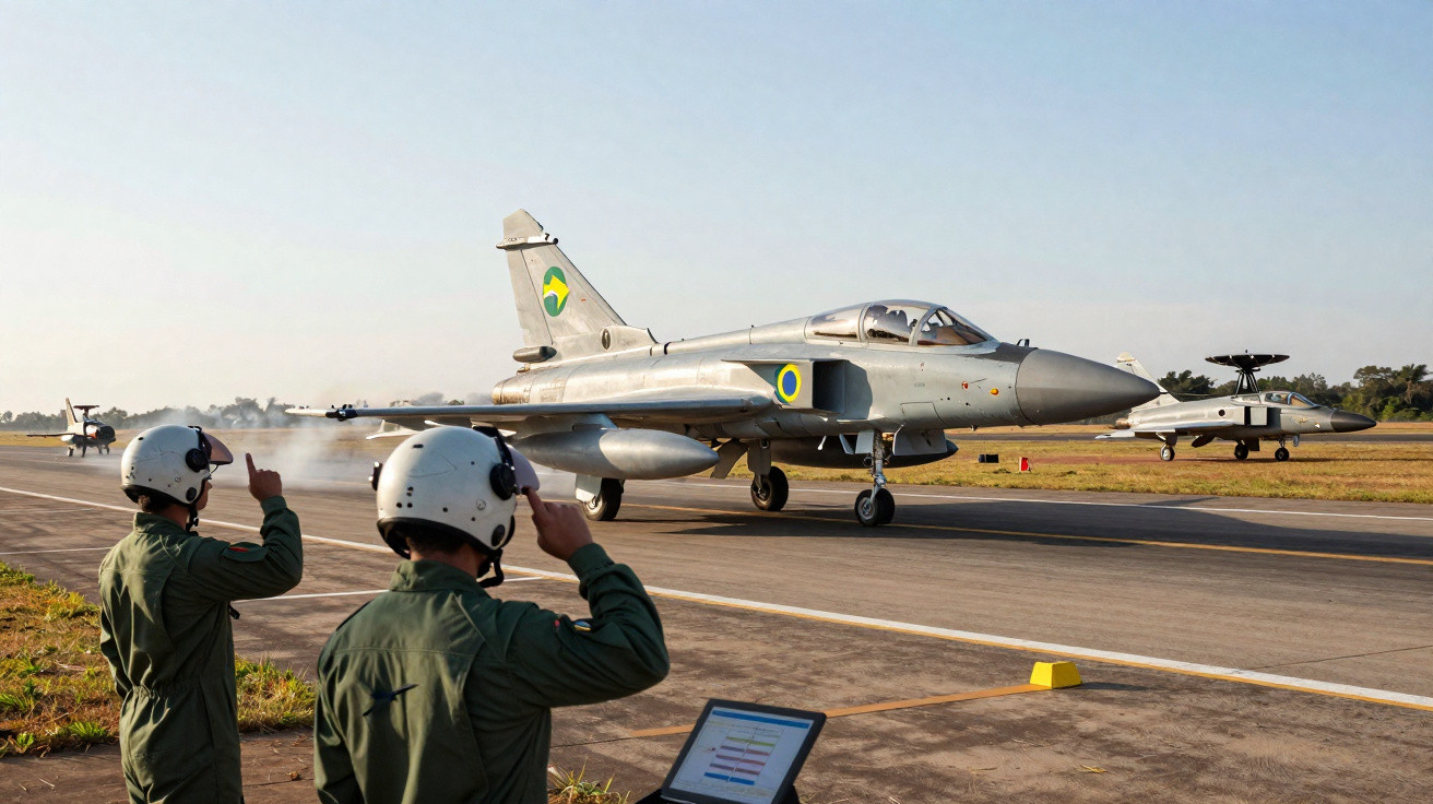 Dois militares com capacete observam e dão sinal para caça da Força Aérea Brasileira em pista de pouso.