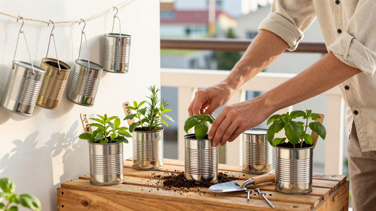 Pessoa cuidando de plantas em vasos de lata reciclados sobre uma mesa de madeira em varanda.