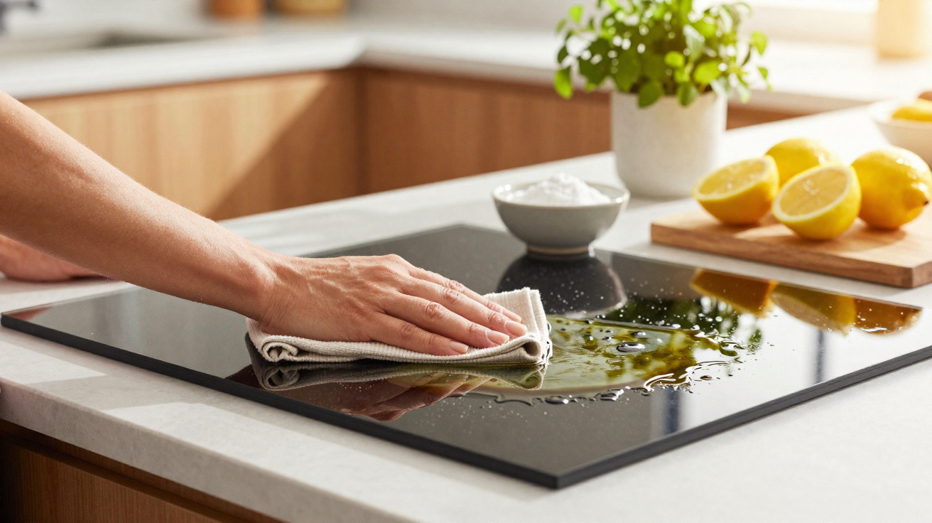 Pessoa limpando fogão cooktop com pano ao lado de limões e recipiente com sal na bancada.
