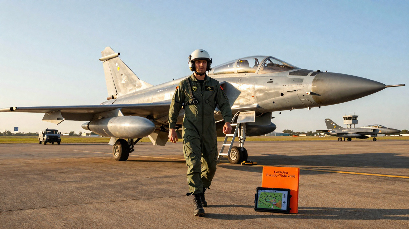 Piloto militar caminha em pista próxima a caça aeronave supersonica prata estacionada ao pôr do sol.