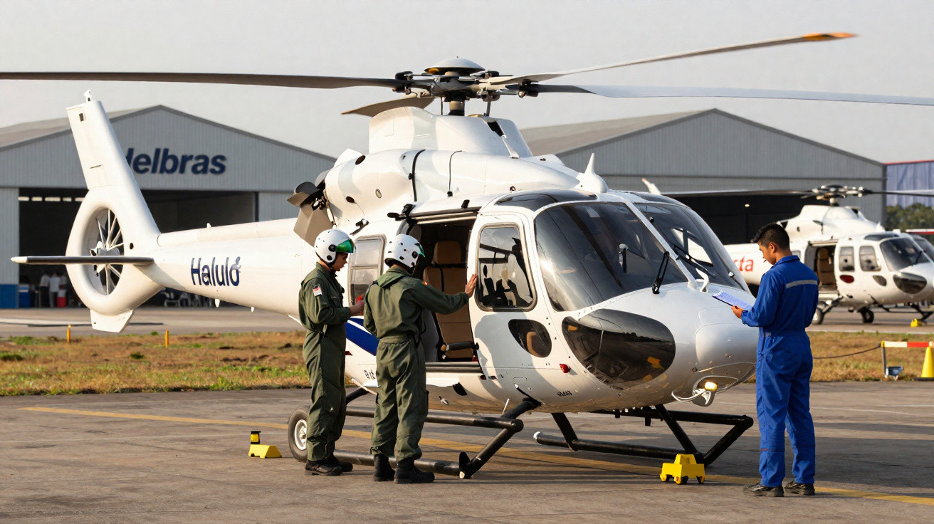 Dois pilotos em macacão verde inspecionam helicóptero branco estacionado, com técnico de azul verificando checklist.