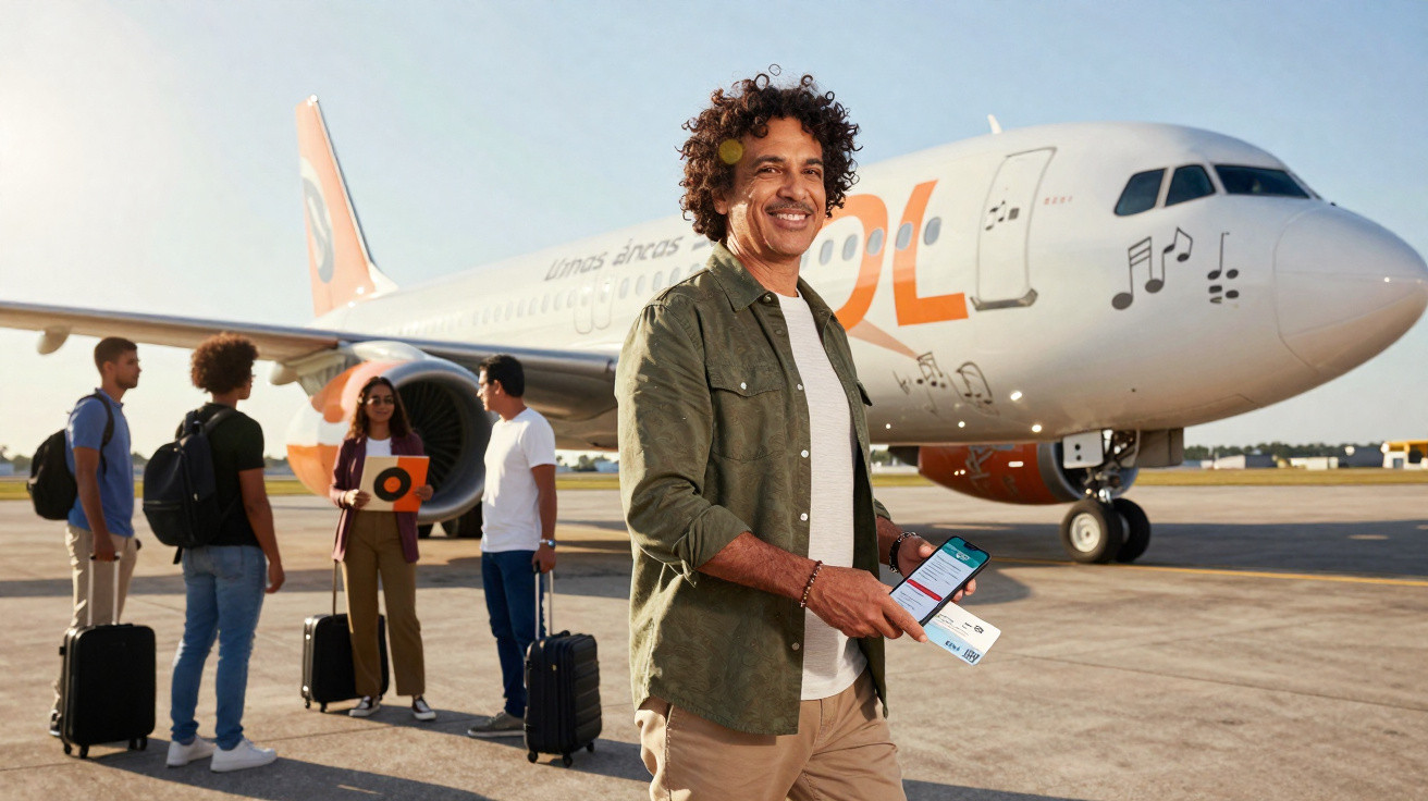 Homem sorridente segurando smartphone e bilhete, com avião da companhia aérea Gol e viajantes ao fundo.
