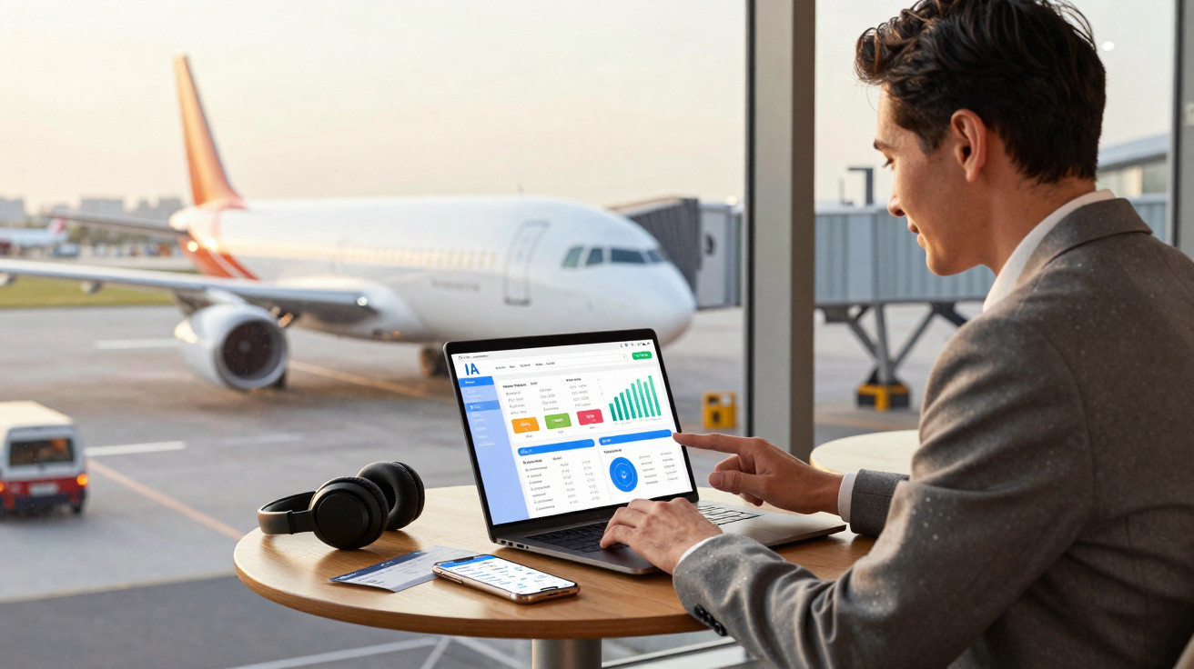 Homem em terno trabalhando em laptop com gráficos em aeroporto, avião ao fundo e objetos na mesa.