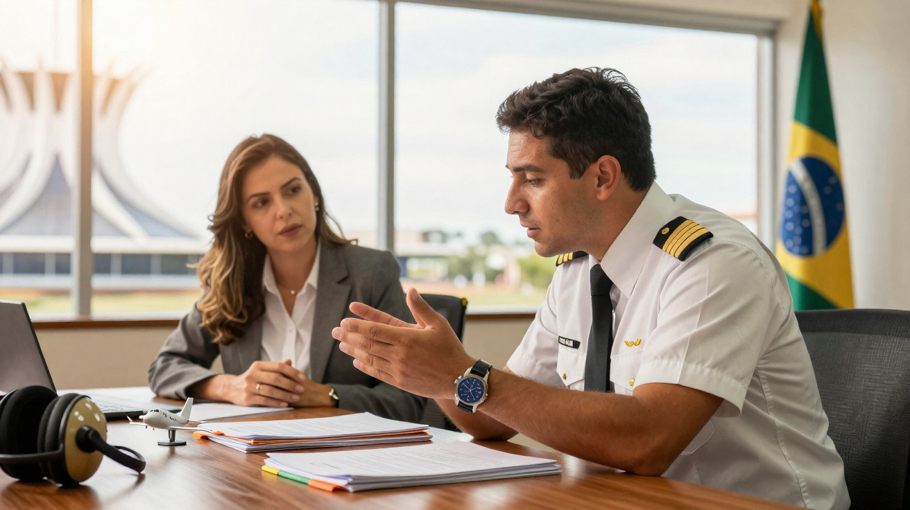 Homem de uniforme militar e mulher em reunião de trabalho com documentos sobre mesa e bandeira do Brasil ao fundo.