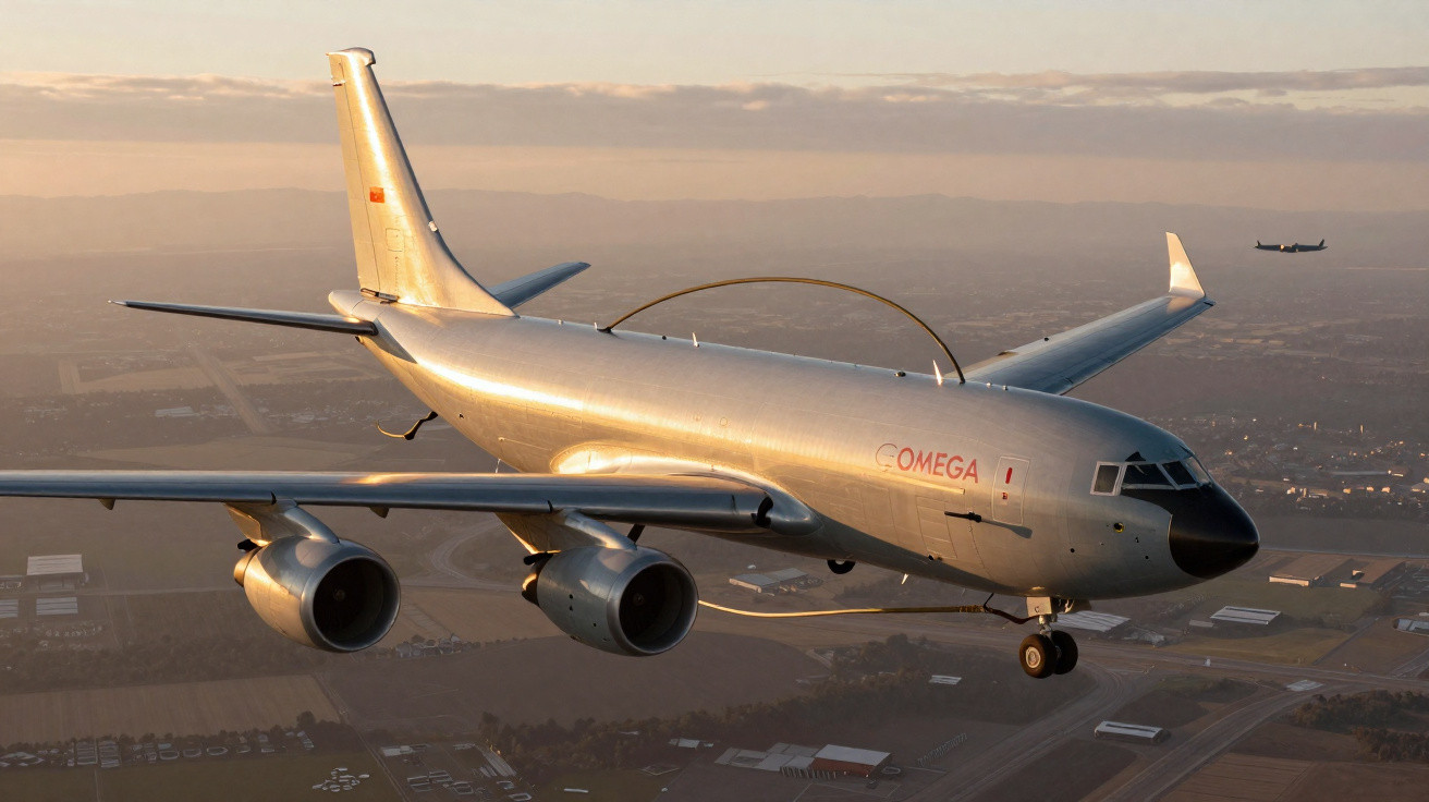 Avião de reabastecimento aéreo em voo ao entardecer com outra aeronave ao fundo.