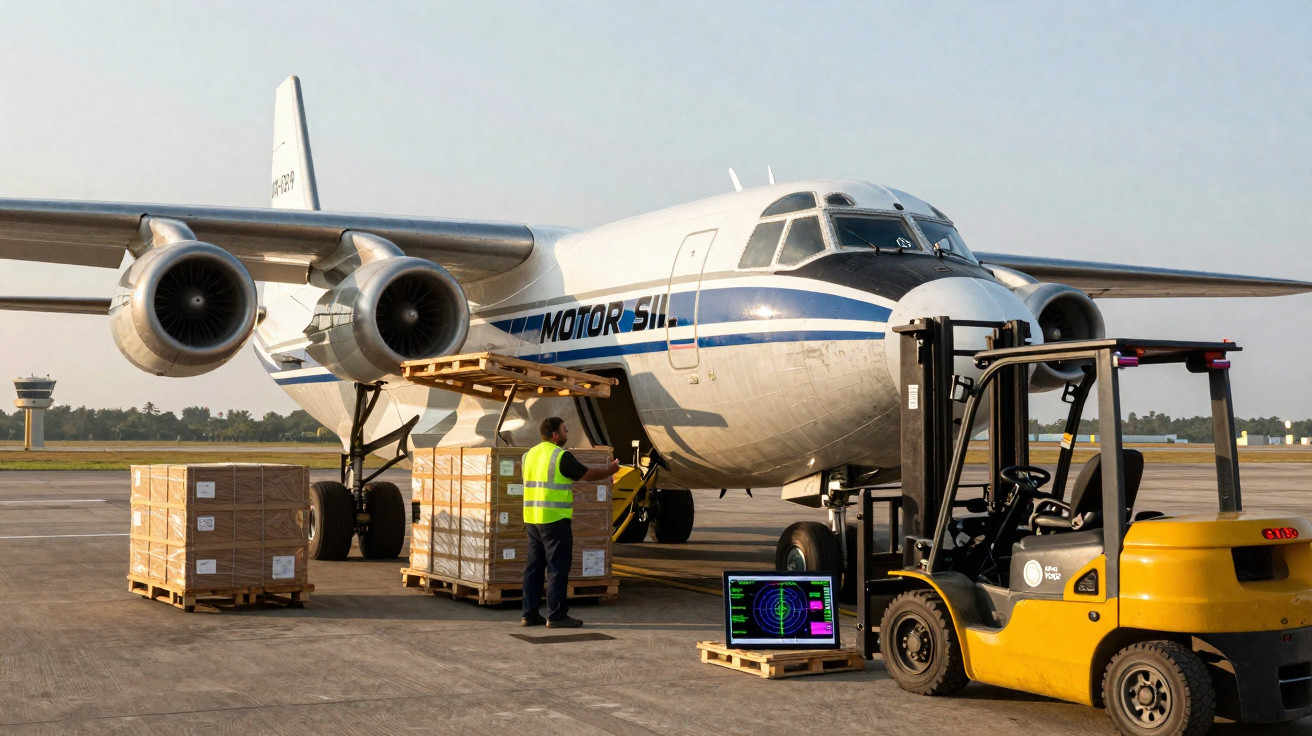 Avião cargueiro sendo carregado com caixas por trabalhador e empilhadeira no aeroporto.