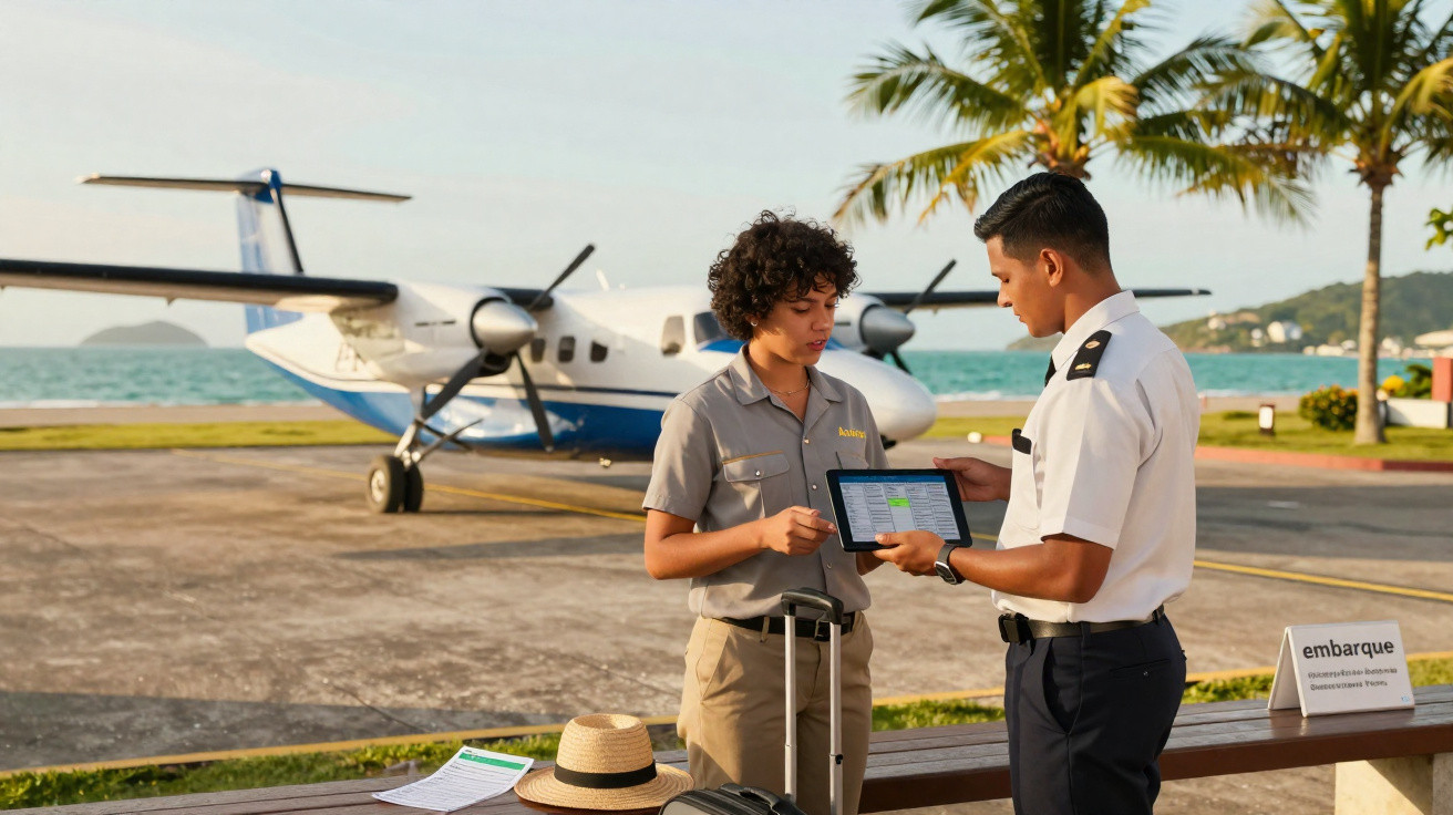 Funcionário aéreo e passageiro conferem informações em tablet próximo a avião em pista à beira-mar.