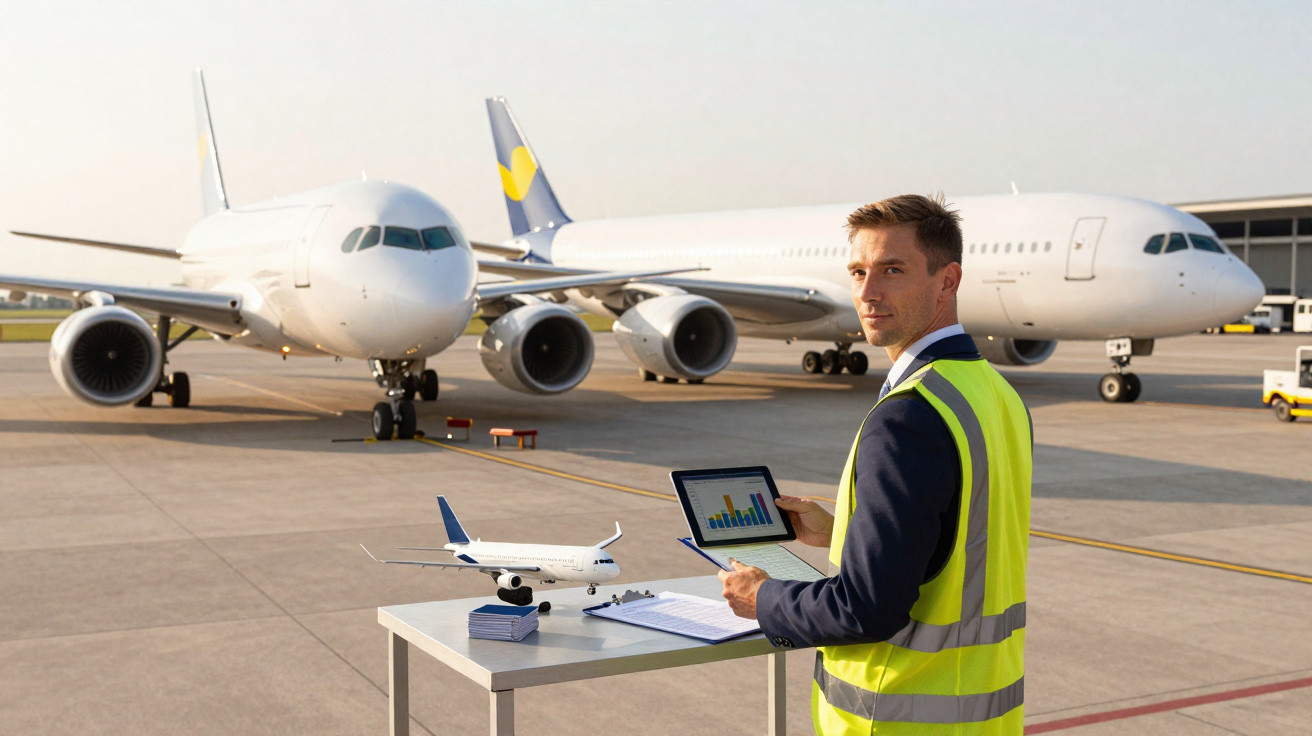 Homem com colete refletivo consultando dados em tablet na pista com aviões ao fundo no aeroporto.