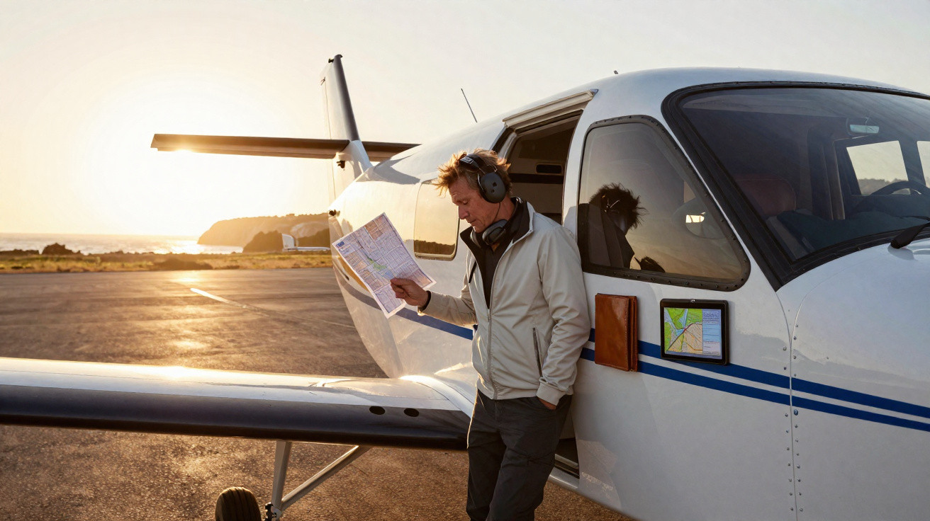 Piloto com fone de ouvido revisa mapa ao lado de avião pequeno em pista ao pôr do sol.