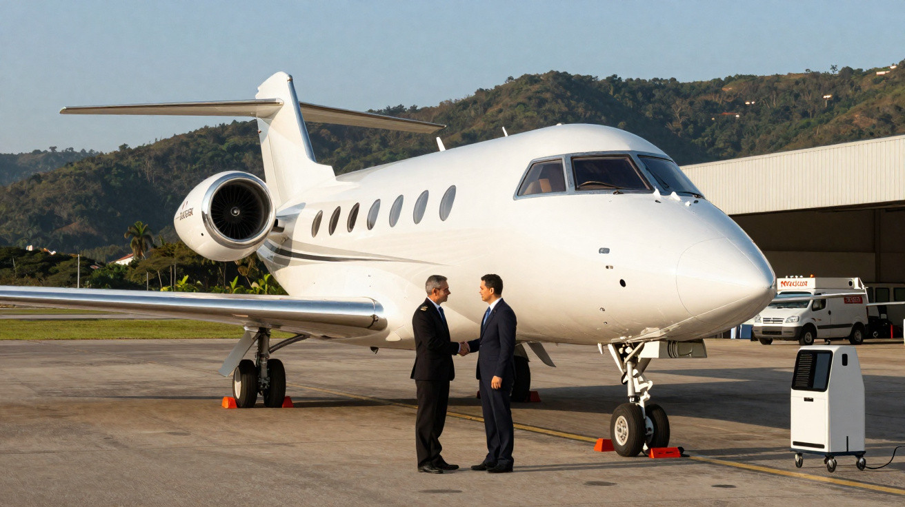 Avião executivo branco estacionado em pista com dois homens de terno apertando as mãos.