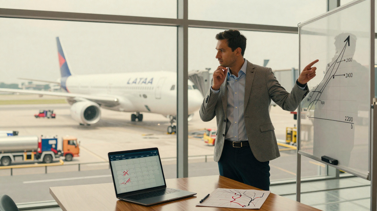 Homem em terno apresentando gráfico em quadro branco com avião ao fundo no aeroporto.