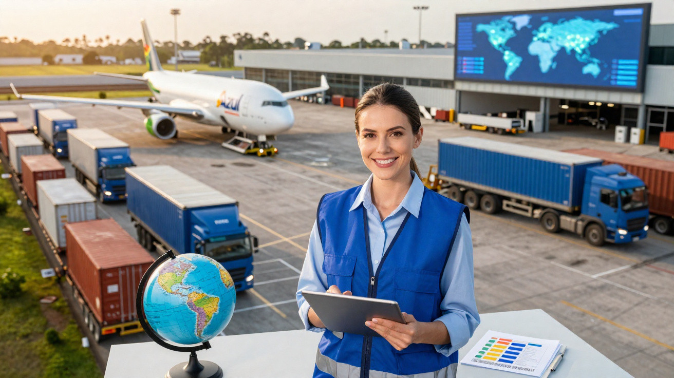 Mulher com colete azul em aeroporto, segurando tablet, com avião, caminhões e mapa-múndi ao fundo.