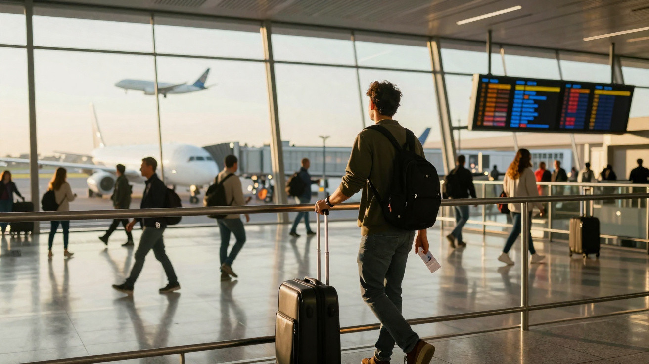 Jovem com mochila e mala observa avião decolando em aeroporto movimentado ao entardecer.
