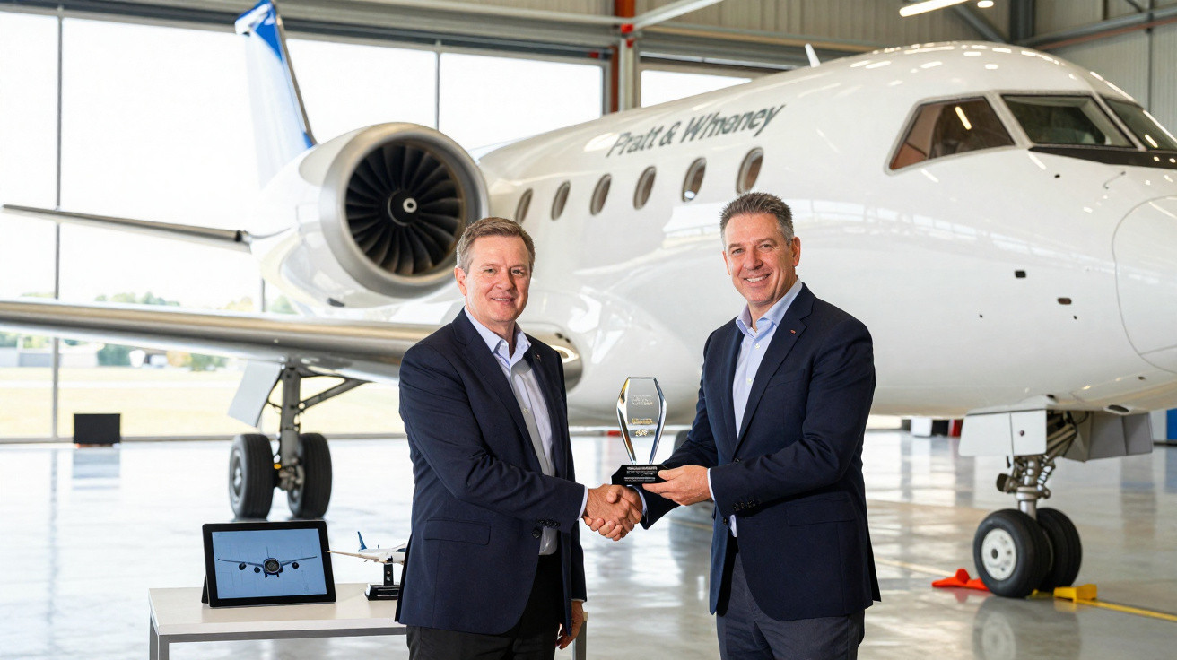 Dois homens de terno apertam as mãos em frente a um jato privado branco em hangar, com troféu na mão.