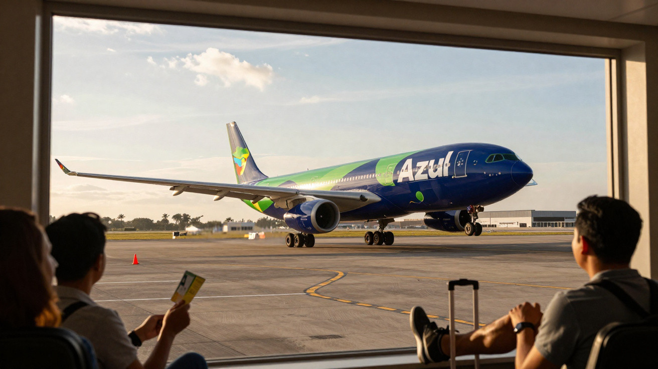 Avião da Azul taxiando no aeroporto visto através da janela, com passageiros aguardando no terminal.