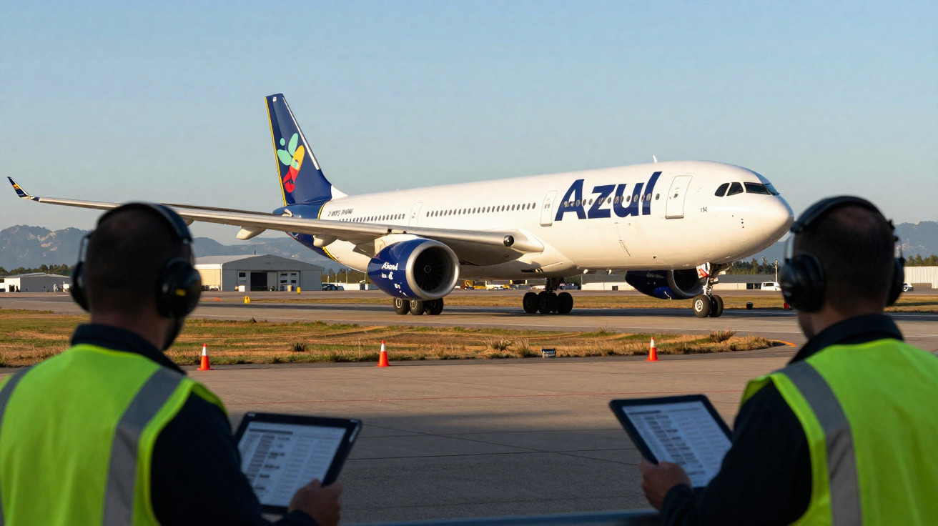 Avião da Azul taxiando no aeroporto com dois funcionários de colete refletivo observando e usando tablets.