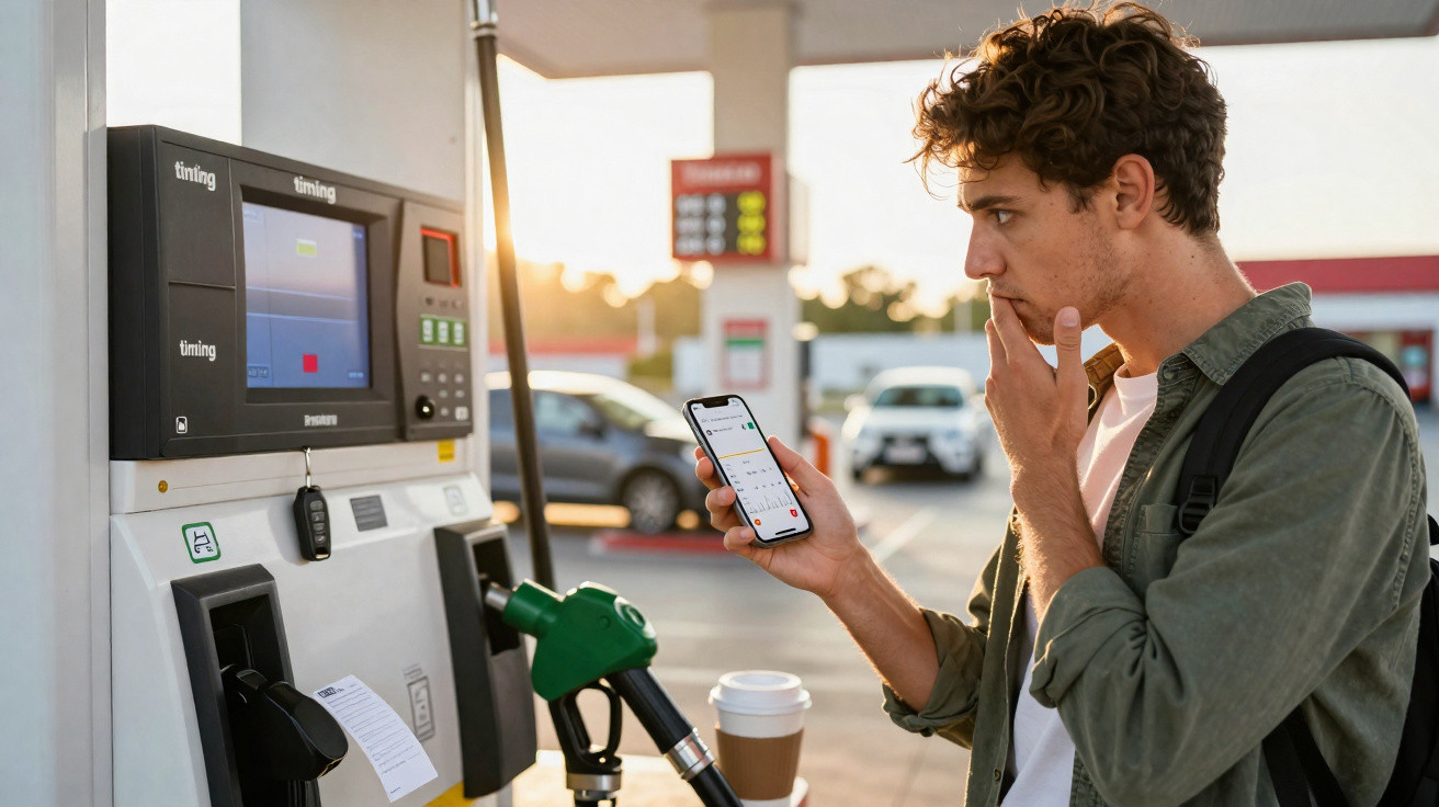 Homem jovem usa celular em posto de gasolina segurando o queixo e olhando para a tela com dúvida.