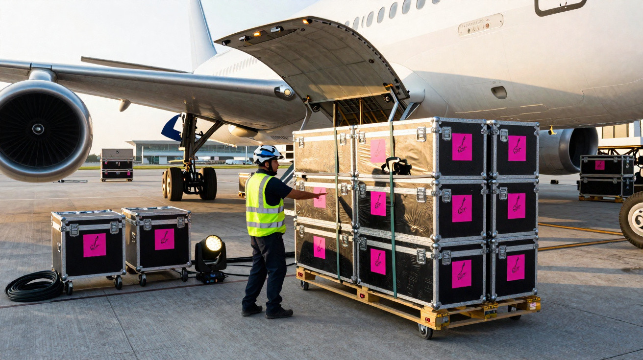 Funcionário com colete e capacete organiza caixas em palete no aeroporto próximo à asa de um avião.