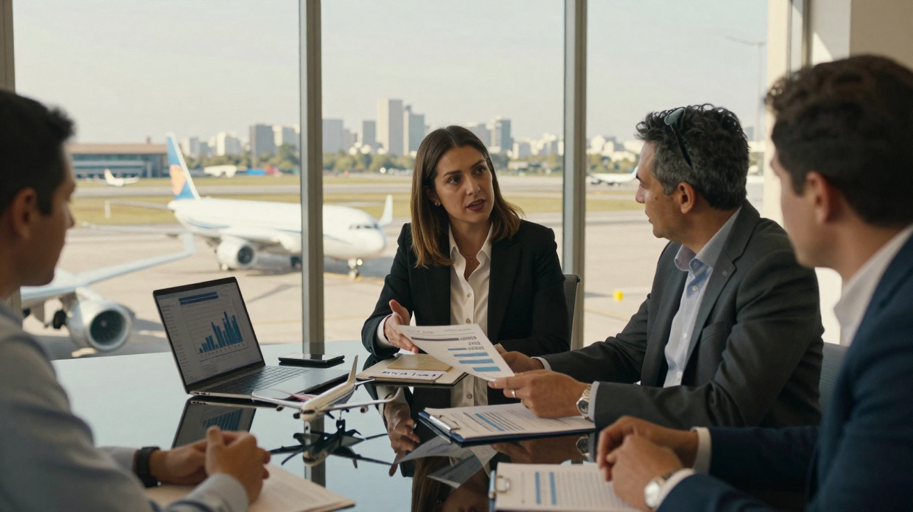 Reunião de negócios no aeroporto, com apresentação de gráficos e modelos de avião sobre a mesa.