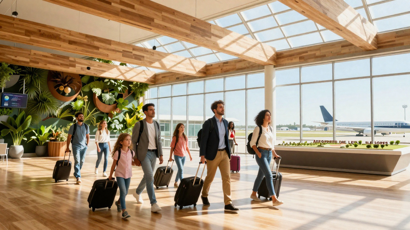 Grupo de pessoas com malas caminhando dentro de um aeroporto moderno e iluminado com plantas e avião ao fundo.