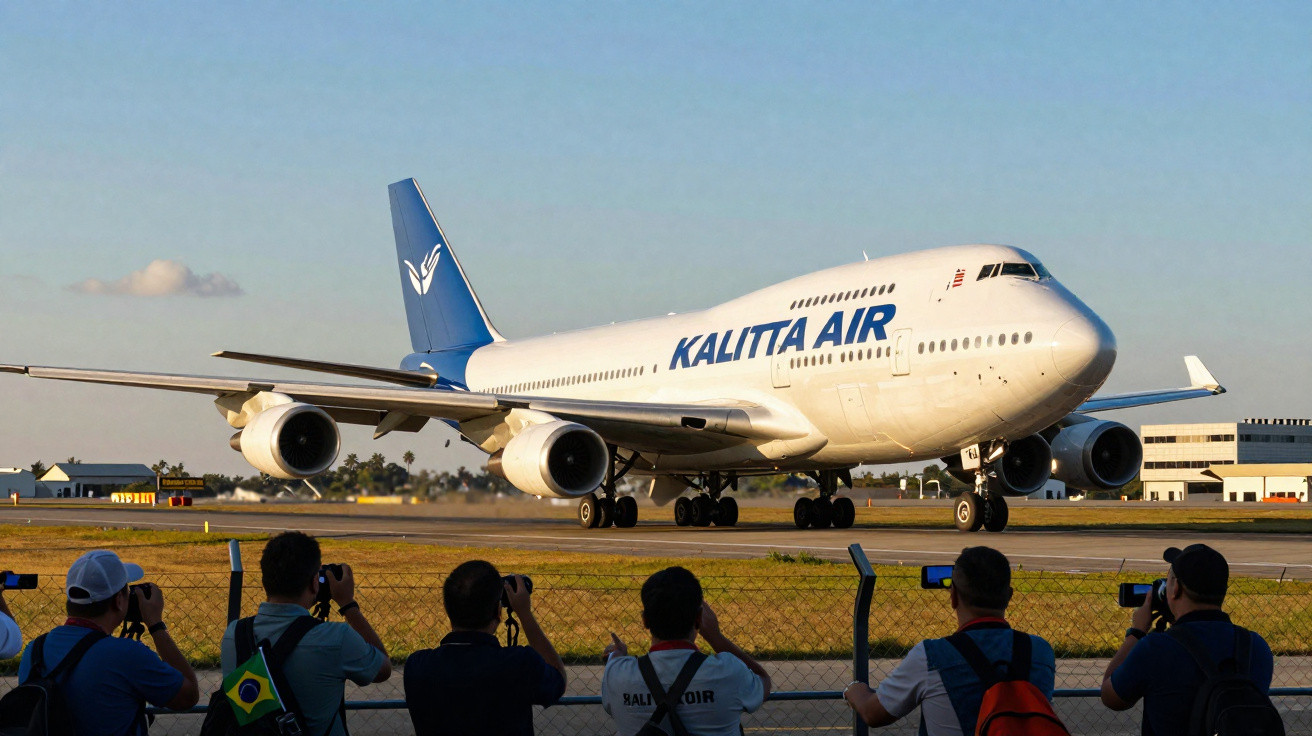 Avião da Kalitta Air taxiando na pista enquanto fotógrafos registram o momento atrás da cerca.