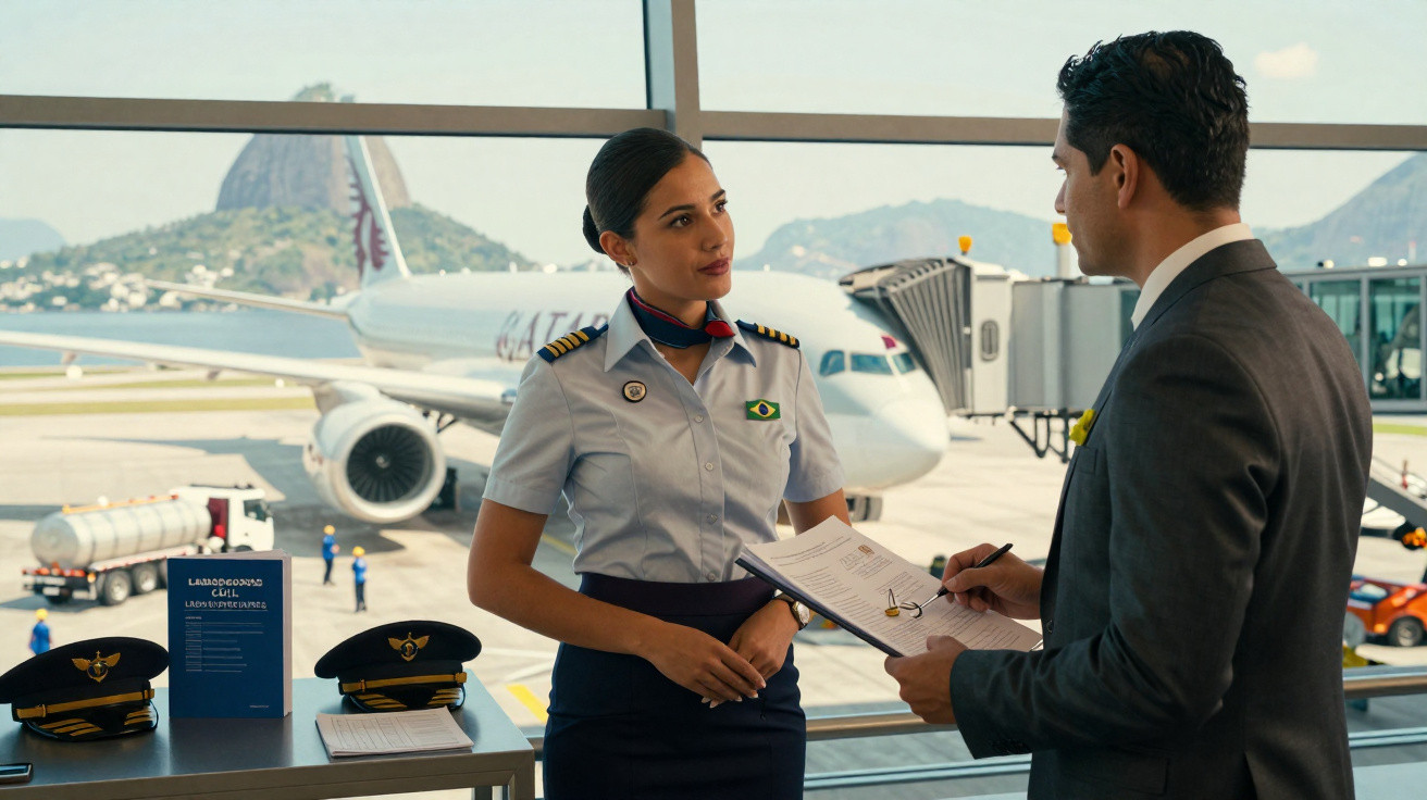 Mulher piloto de uniforme falando com homem de terno no aeroporto com avião ao fundo.