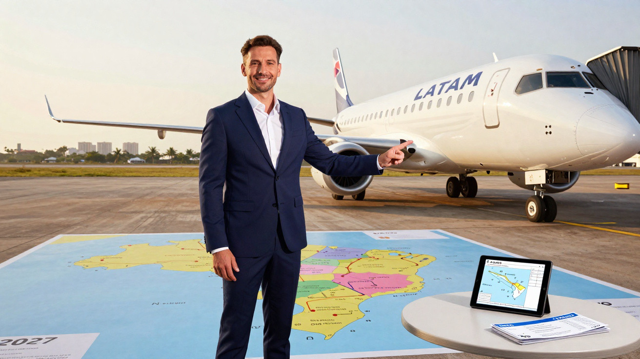 Homem de terno azul aponta para avião da Latam em aeroporto, com mapa grande no chão e tablet na mesa.
