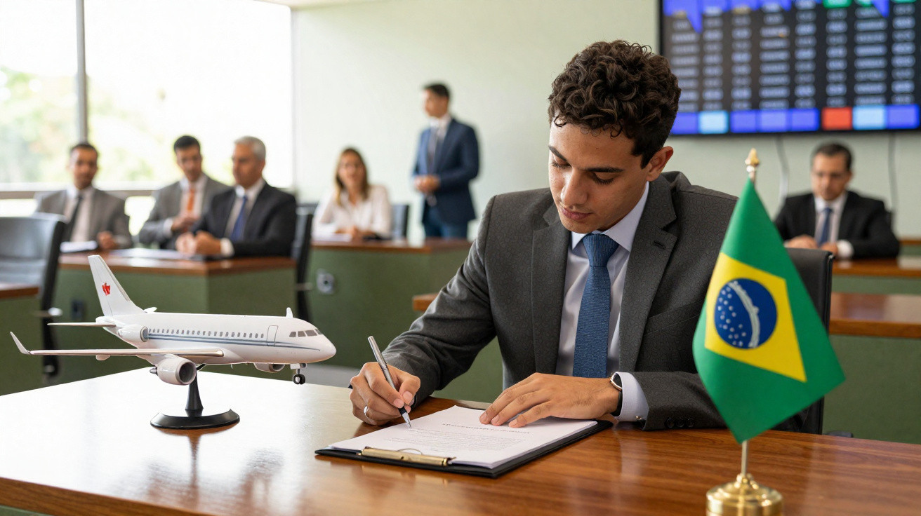 Homem de terno assinando documento em mesa com miniatura de avião e bandeira do Brasil.
