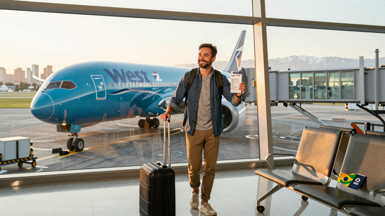Homem sorridente no aeroporto com mala e passaporte, ao fundo avião azul da companhia West.