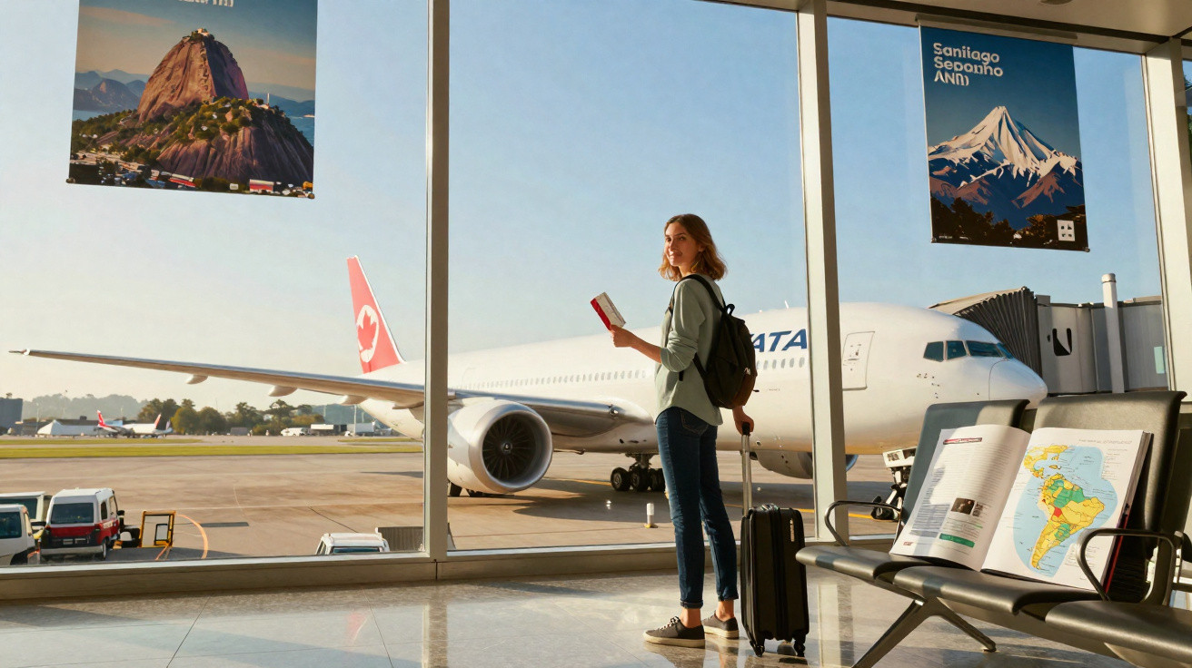 Mulher com mochila e mala na mão, olhando para avião pela janela de aeroporto com pôsteres turísticos.