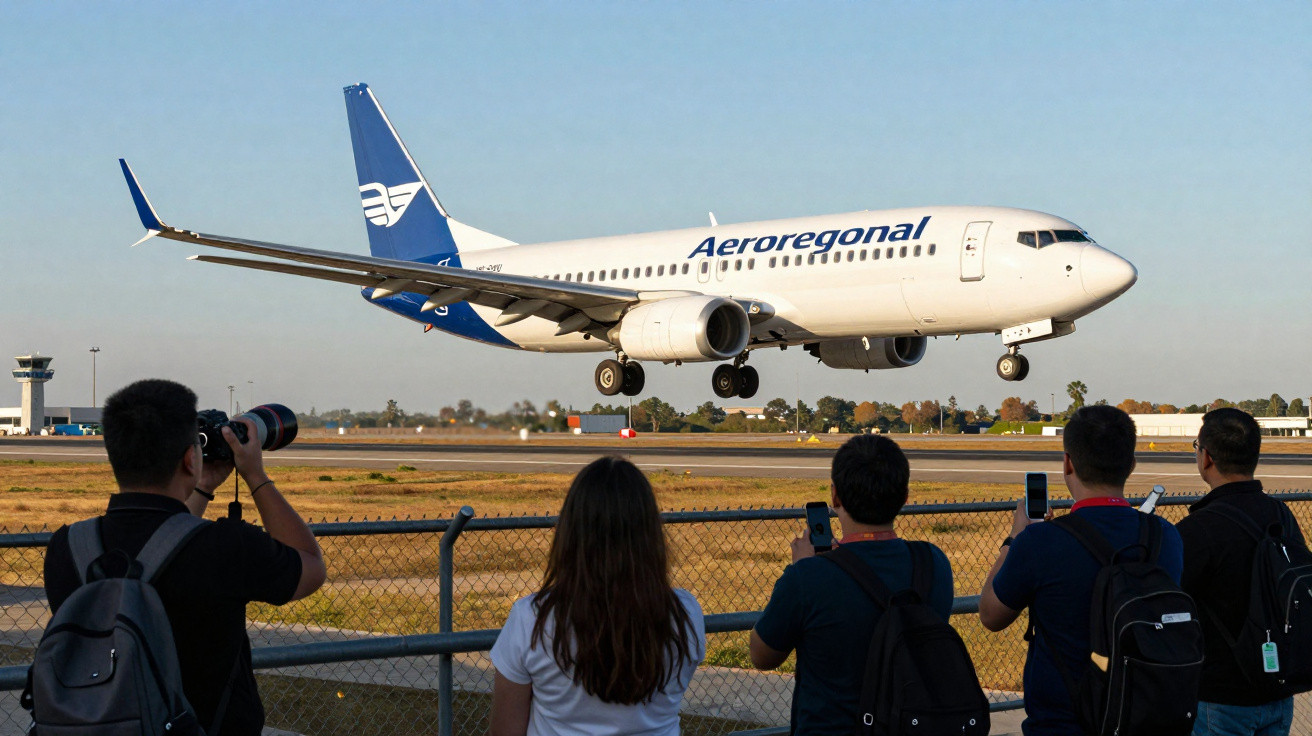 Avião da Aeroregional pousando visto por quatro pessoas com câmeras e celulares em cerca.