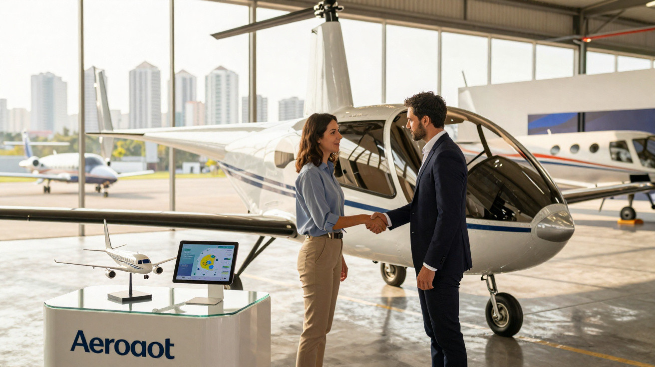 Homem e mulher apertando as mãos diante de avião em hangar iluminado com prédios ao fundo.